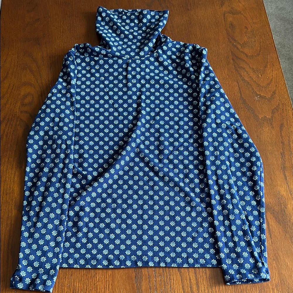 Lands End Shaped Fit Navy Floral Long Sleeve Turtleneck